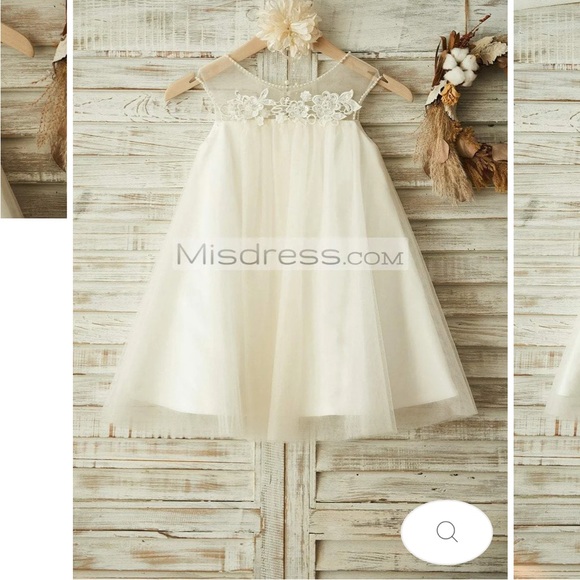Beach Sheer Neck Ivory Tulle Lace Wedding Flower Girl Dress Pearls